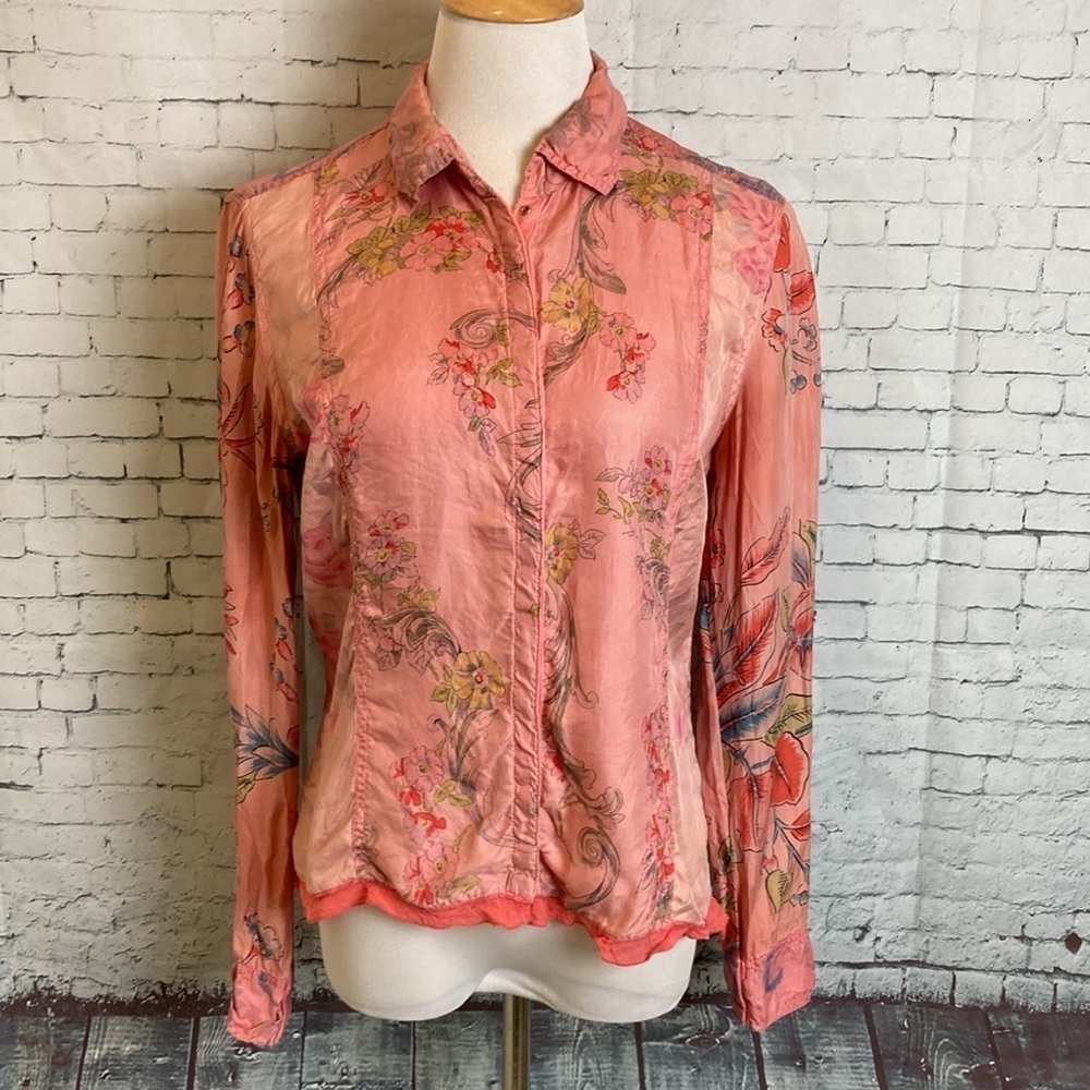 JOHNNY WAS Silk Blouse Snap Closure Ruffle Detail Sz M Bohemian Floral Luxury